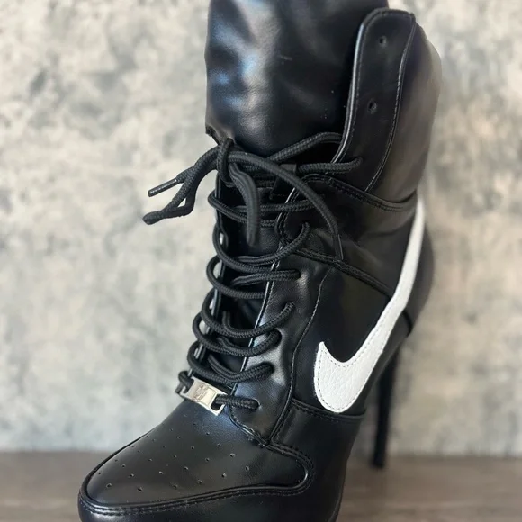 2000s Inspired Sneaker Black Lace-Up High-Heel Ankle Boot with White swoosh - Picture 6 of 7